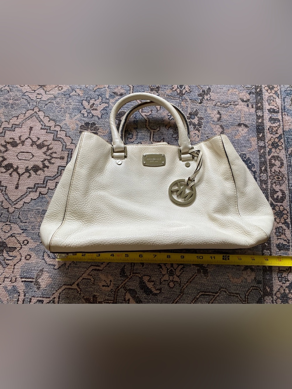Michael Kors vintage Cream Pebbled Leather Tote with MK Charm